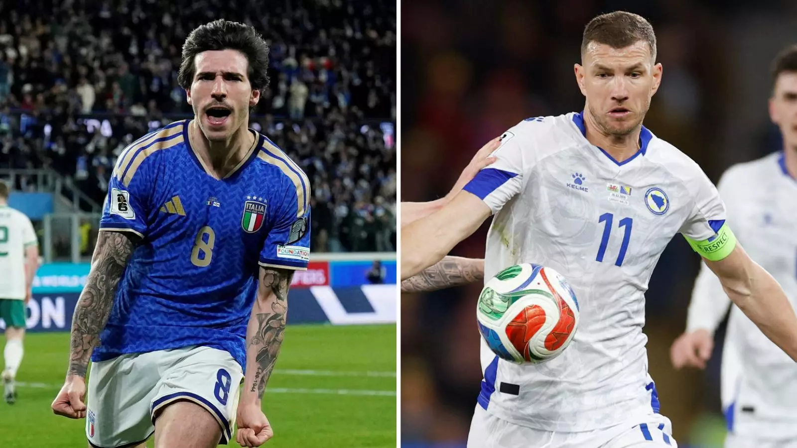 Sandro Tonali y Edin Dzeko disputando un partido por sus selecciones