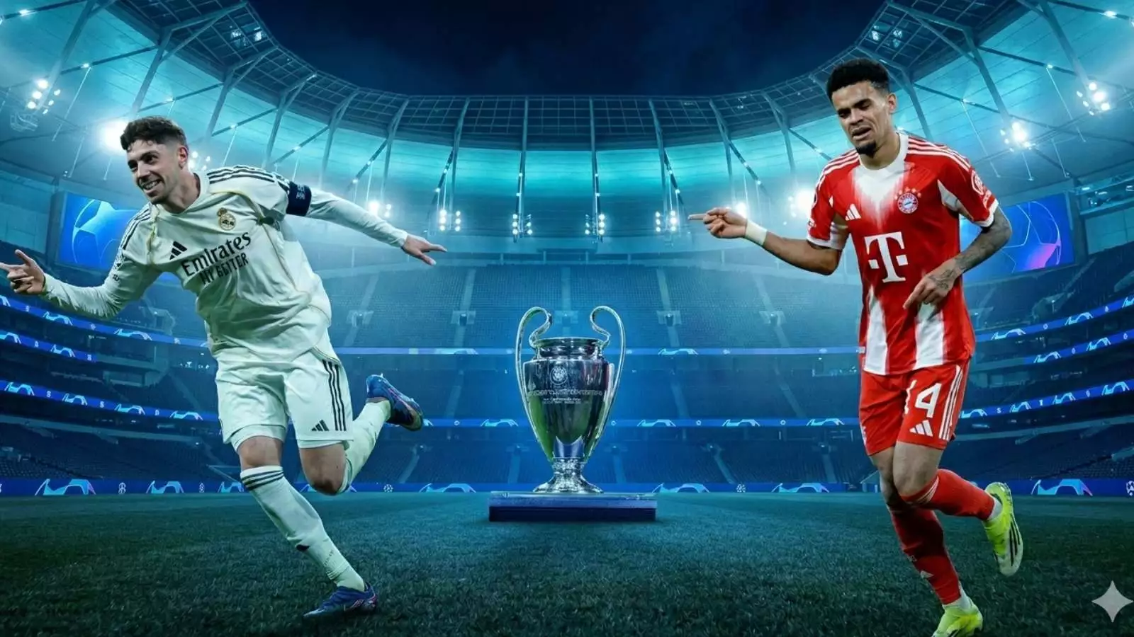 Imagen de Federico Valverde jugando por el Real Madrid y Luis Díaz jugando por el Bayern Múnich con el trofeo de la Champions League de fondo