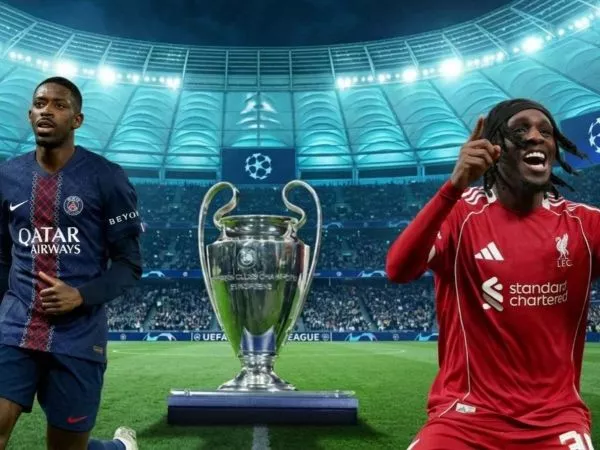 Ousmane Dembélé y Jeremie Frimpong jugando por PSG y Liverpool