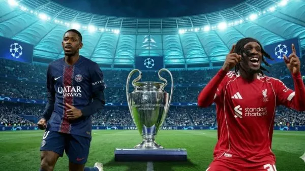 Ousmane Dembélé y Jeremie Frimpong jugando por PSG y Liverpool