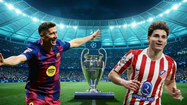 Robert Lewandowski jugando para el FC Barcelona y Julián Álvarez jugando para el Atlético de Madrid