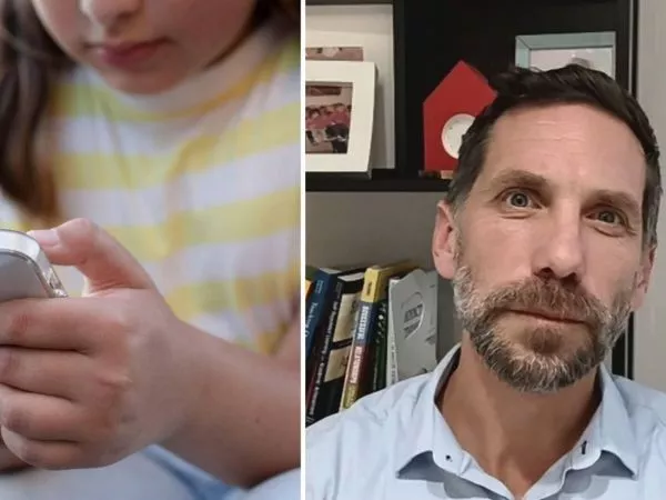 Una niña con un celular y el académico UC Daniel Halpern