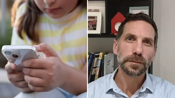 Una niña con un celular y el académico UC Daniel Halpern