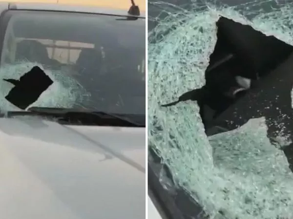 Camioneta impactada por un fierro desde una pasarela en la Ruta 5 Sur