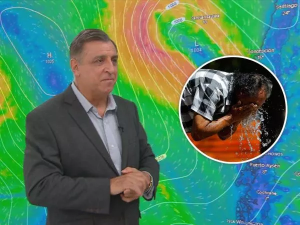 Iván Torres informando El Tiempo y una imagen de una persona capeando el calor en una fuente con agua