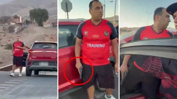 Funcionario de carabineros portando un arma tras un partido de fútbol amateur