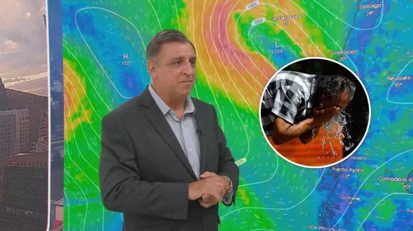 Iván Torres informando El Tiempo y una imagen de una persona capeando el calor en una fuente con agua
