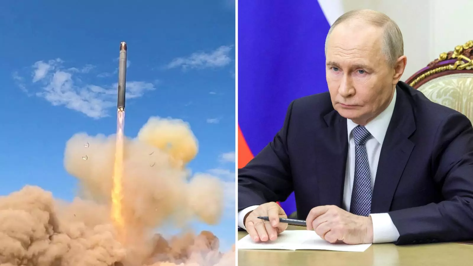 Misil intercontinental RS-28 Sarmat y el presidente de Rusia, Vladimir Putin