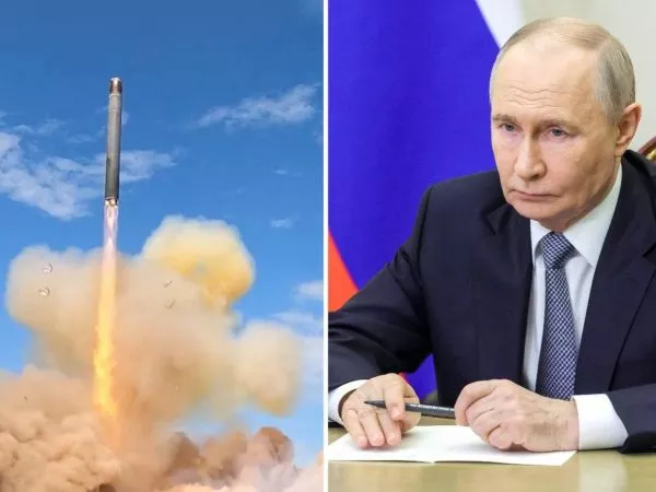 Misil intercontinental RS-28 Sarmat y el presidente de Rusia, Vladimir Putin