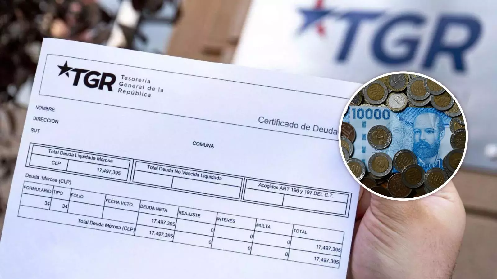 Certificado de deuda de la Tesorería General de la República y billete de 10 mil pesos