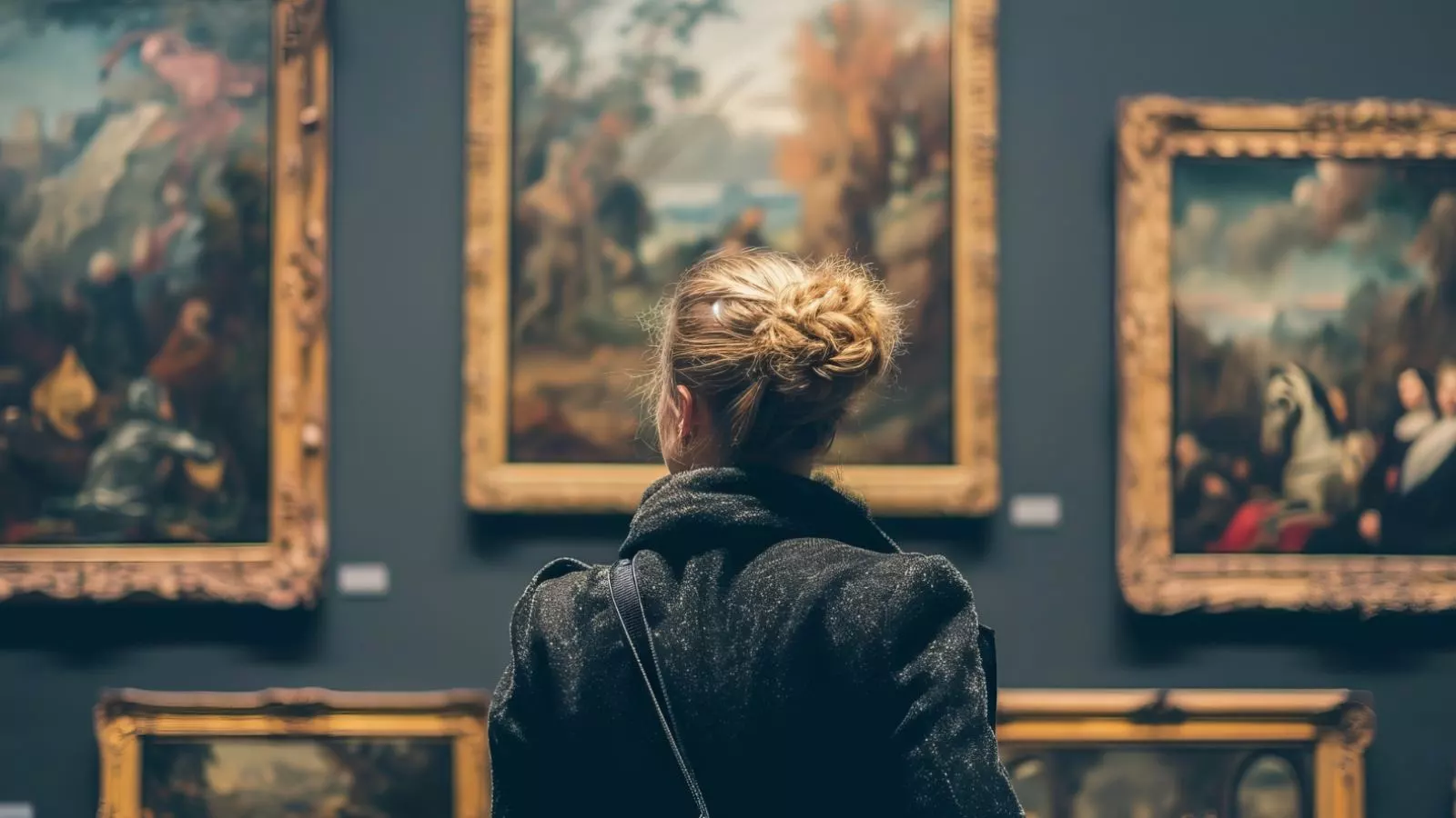 Mujer en un museo viendo obras de arte