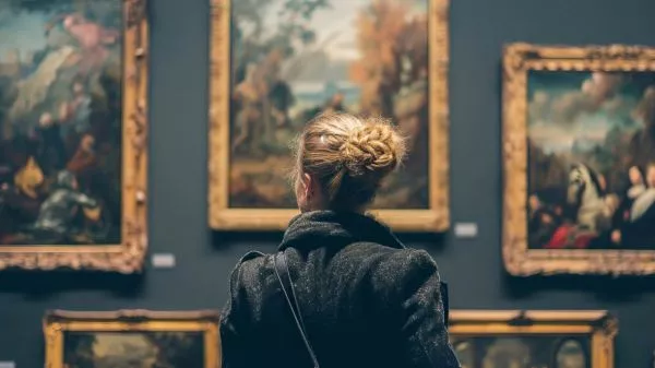 Mujer en un museo viendo obras de arte