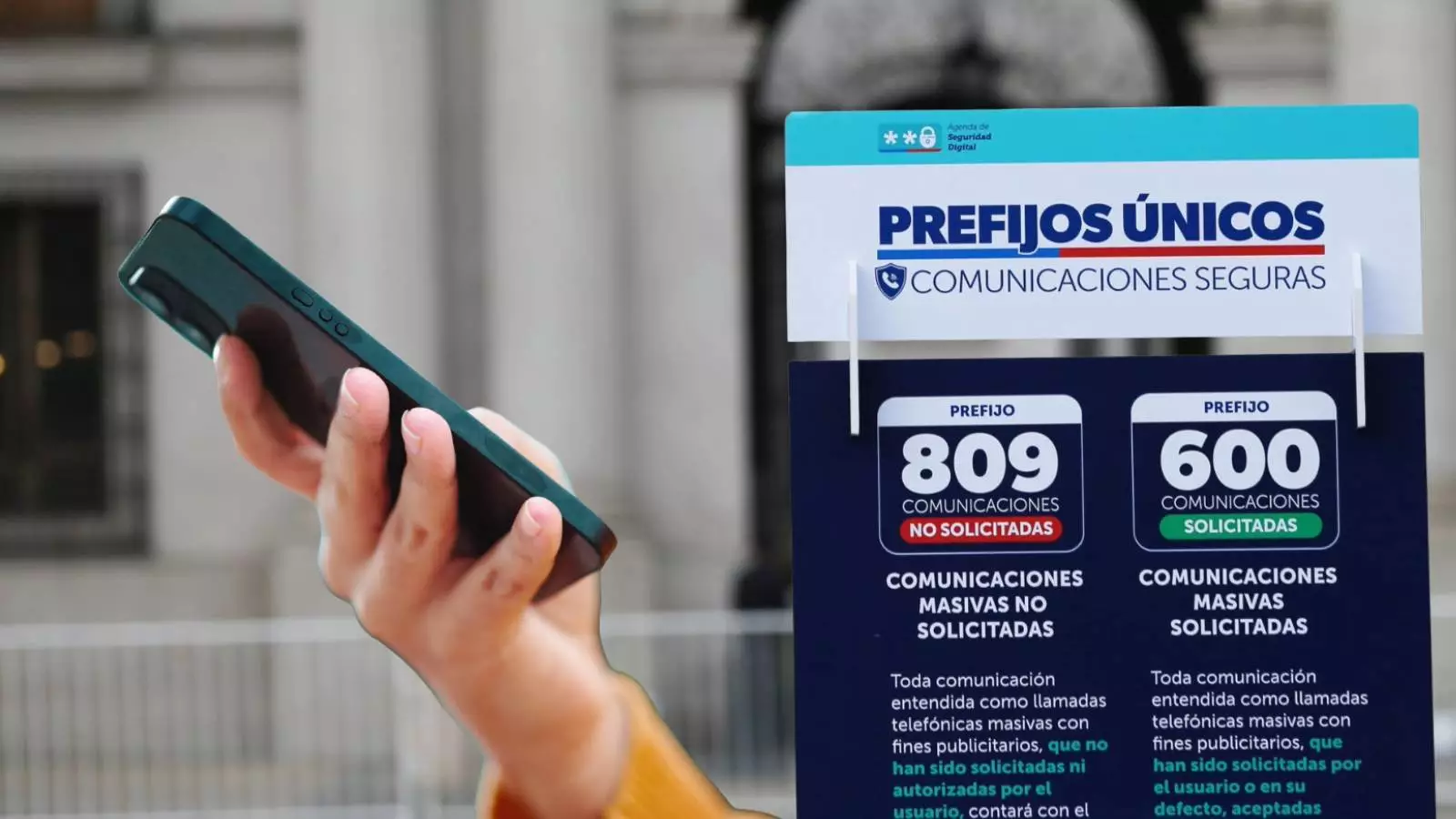 Una persona sosteniendo un celular junto a información de los prefijos únicos