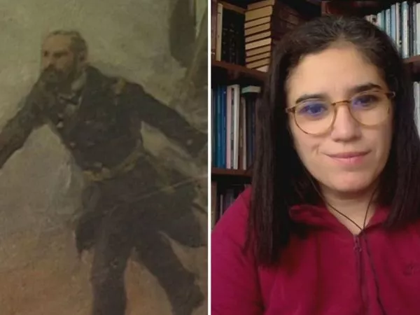 Pintura de Arturo Prat y la historiadora Ximena Prado
