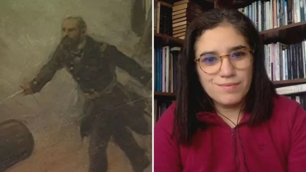 Pintura de Arturo Prat y la historiadora Ximena Prado