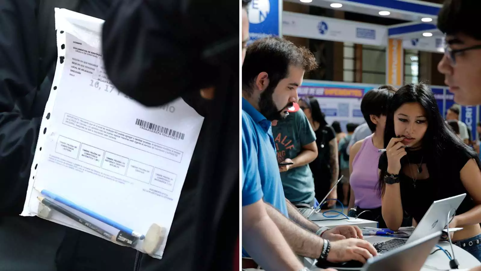 Persona que va a rendir la PAES y una feria de admisión a la Educación Superior.