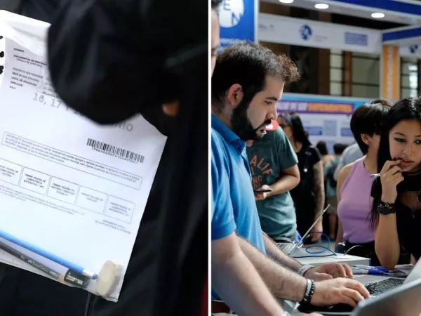 Persona que va a rendir la PAES y una feria de admisión a la Educación Superior.