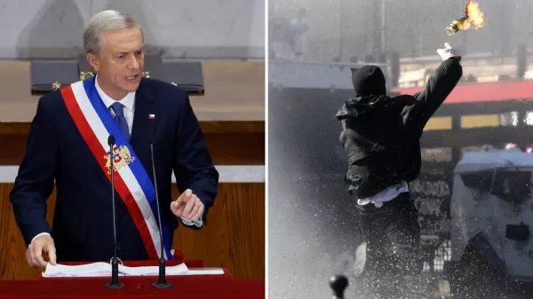 Presidente José Antonio Kast en la Cuenta Pública y vándalo lanzando bomba molotov