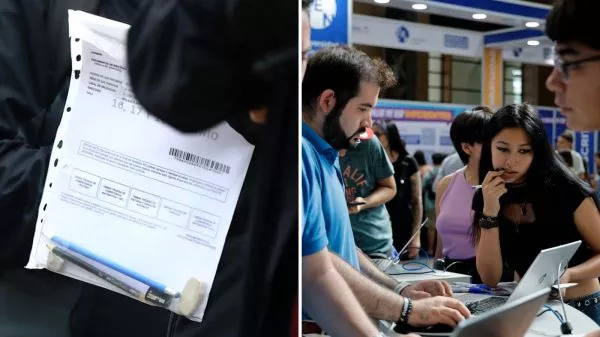 Persona que va a rendir la PAES y una feria de admisión a la Educación Superior.
