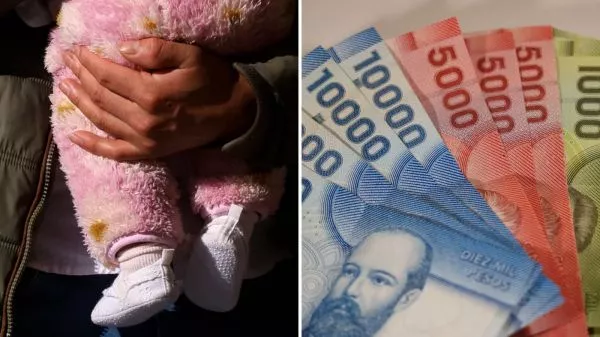 Persona con su hijo en brazos y billetes de distinta denominación