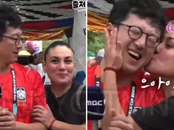 Reportero coreano siendo besado por fanática mexicana en el Mundial 2026