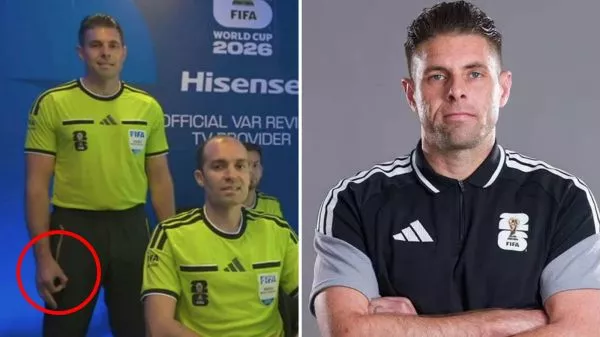Shaun Evans realizando polémico gesto y su foto oficial en el Mundial 2026