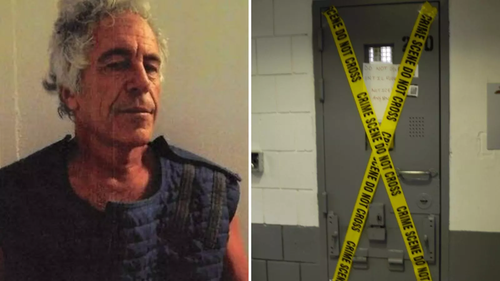 Jeffrey Epstein y una imagen de la puerta de su celda tras el suicidio.