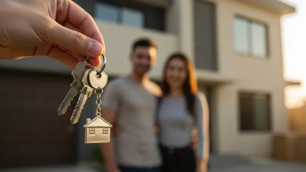 Pareja recibiendo las llaves de su casa propia