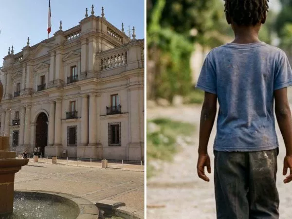 Frontis de La Moneda con imagen creada con Inteligencia Artificial de un niño haitiano