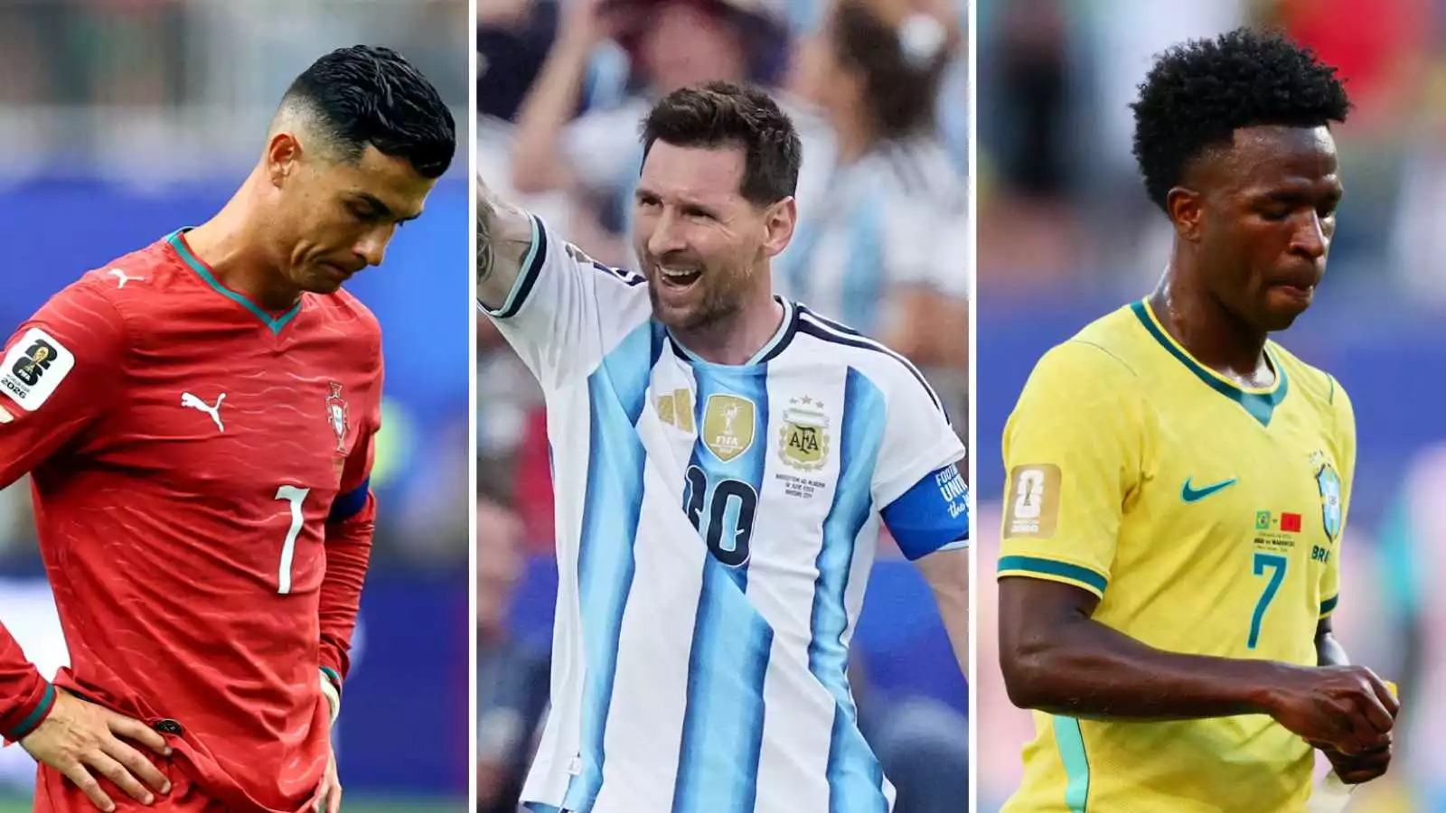 Cristiano Ronaldo, Lionel Messi y Vinicius Júnior