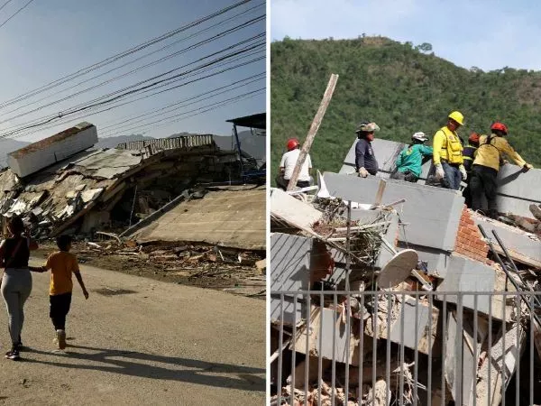 Mujer con un niño en medio de los escombros y labores de rescate en edificio derrumbado en Venezuela
