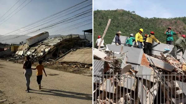 Mujer con un niño en medio de los escombros y labores de rescate en edificio derrumbado en Venezuela
