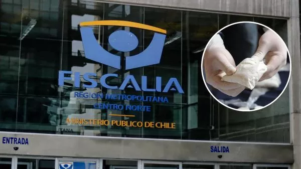 Frontis de la Fiscalía Centro Norte y una persona manipulando una bolsa de cocaína.