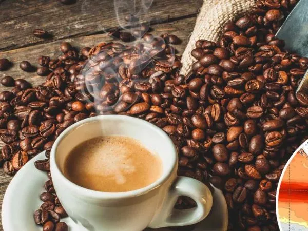 Una taza de café, granos de café y mapa referencial del fenómeno de El Niño
