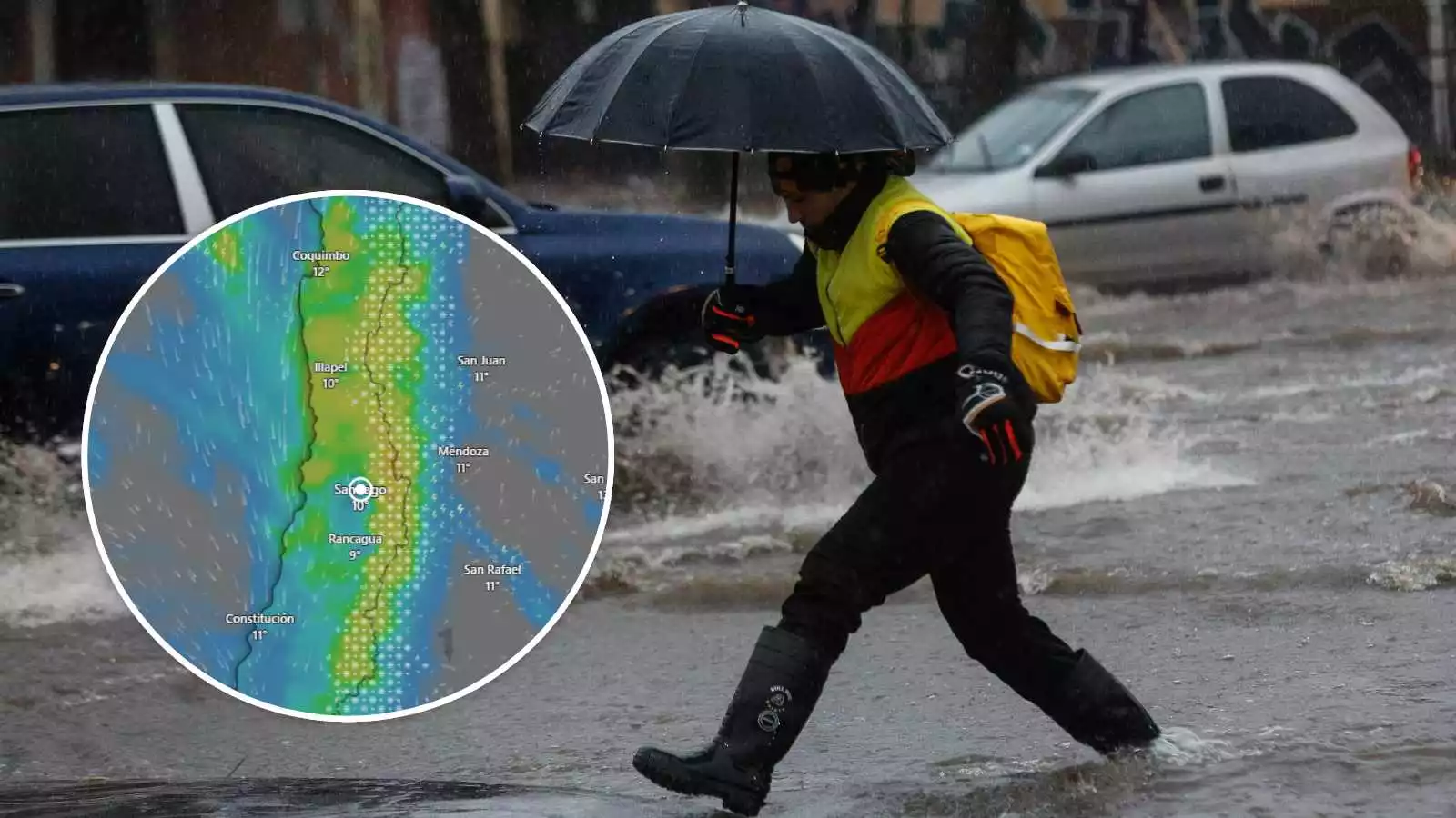 Mapa de las lluvias en la zona central y una persona con paraguas tratando de cruzar una calle inundada