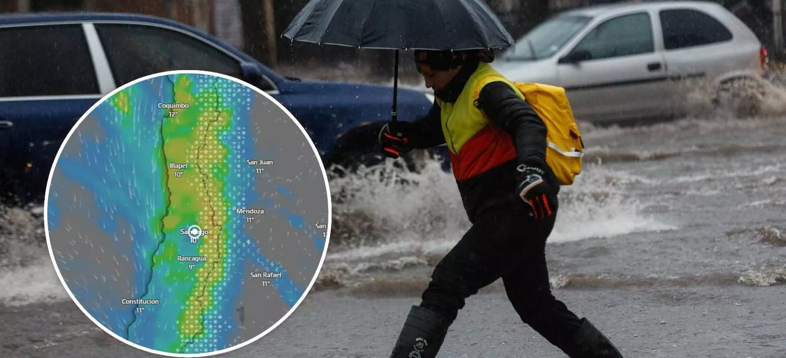 Mapa de las lluvias en la zona central y una persona con paraguas tratando de cruzar una calle inundada