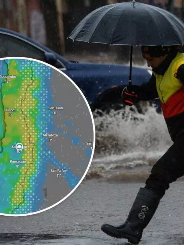 Mapa de las lluvias en la zona central y una persona con paraguas tratando de cruzar una calle inundada