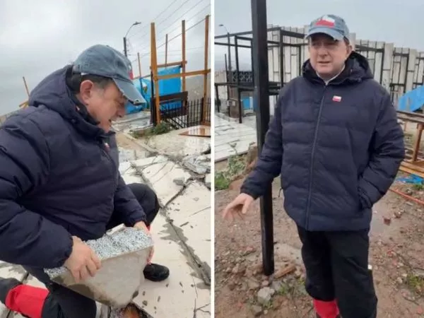 Iván Poduje mostrando los daños del derrumbe de un muro en el sector de El Olivar