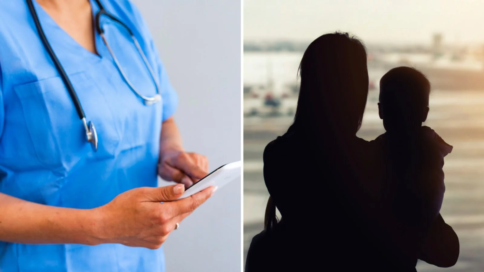 Enfermera y una madre con un bebé en un aeropuerto