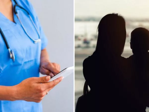 Enfermera y una madre con un bebé en un aeropuerto