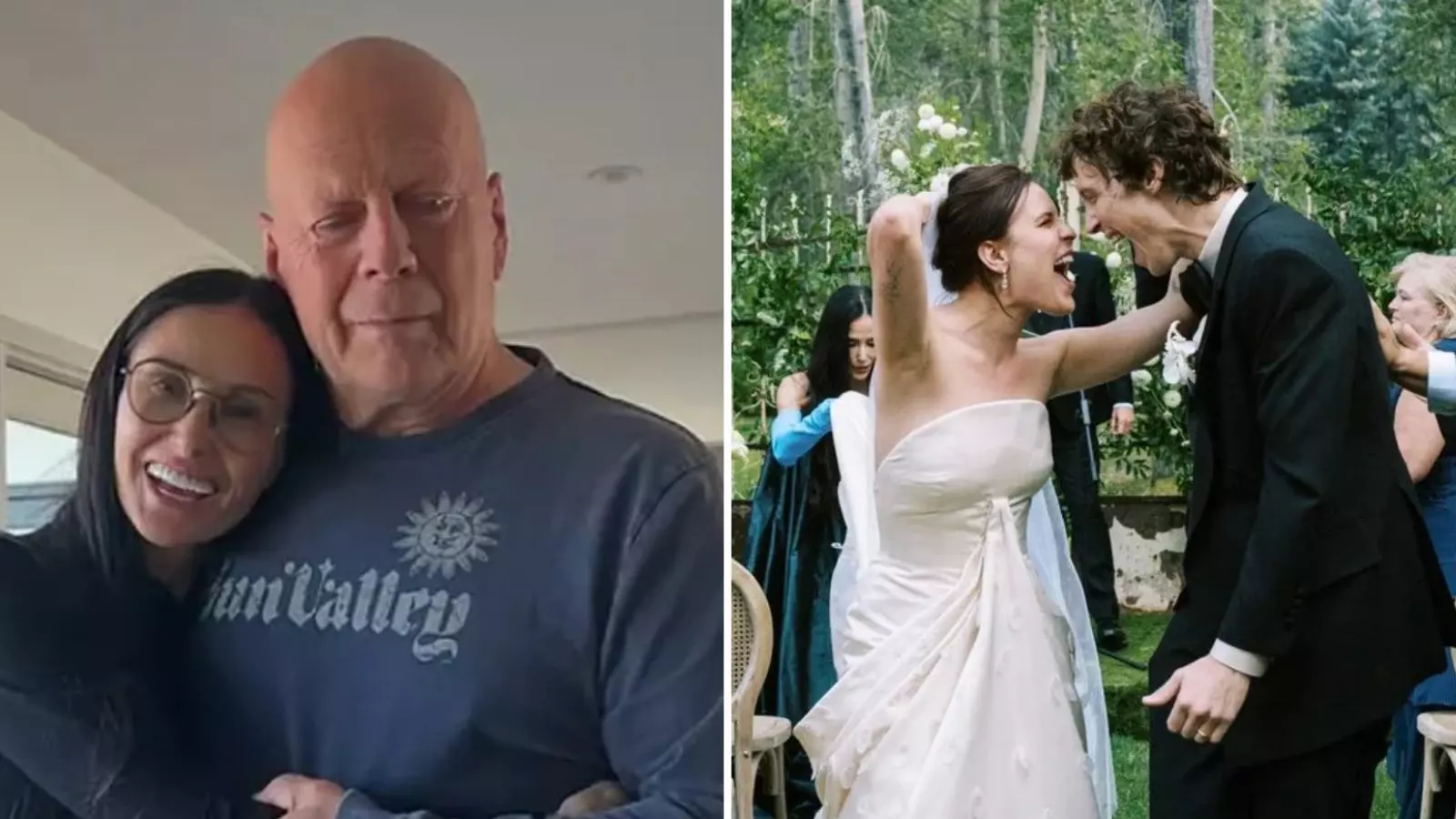 Bruce Willis y Demi Moore junto a una foto del matrimonio de su hija menor, Tallulah Willis y Justin Acee