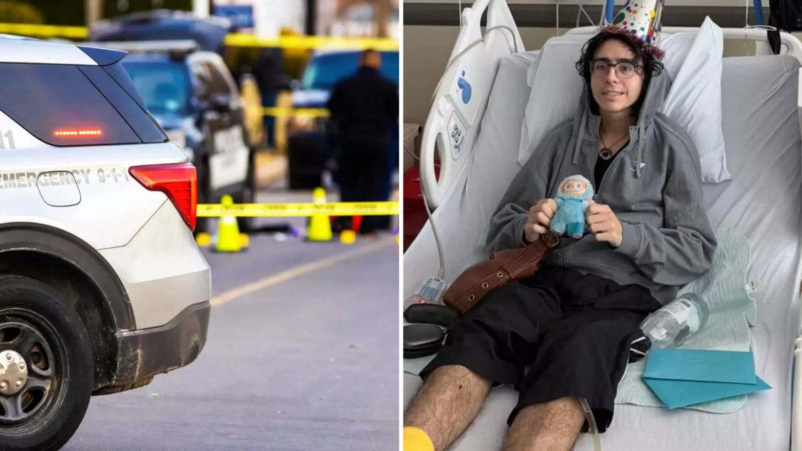 Imagen de un vehículo policial y Axeel Melendez, joven que quedó parapléjico tras ser baleado por la policía por una denuncia falsa