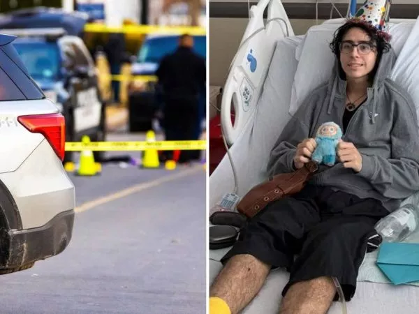 Imagen de un vehículo policial y Axeel Melendez, joven que quedó parapléjico tras ser baleado por la policía por una denuncia falsa