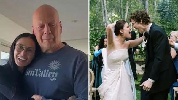 Bruce Willis y Demi Moore junto a una foto del matrimonio de su hija menor, Tallulah Willis y Justin Acee