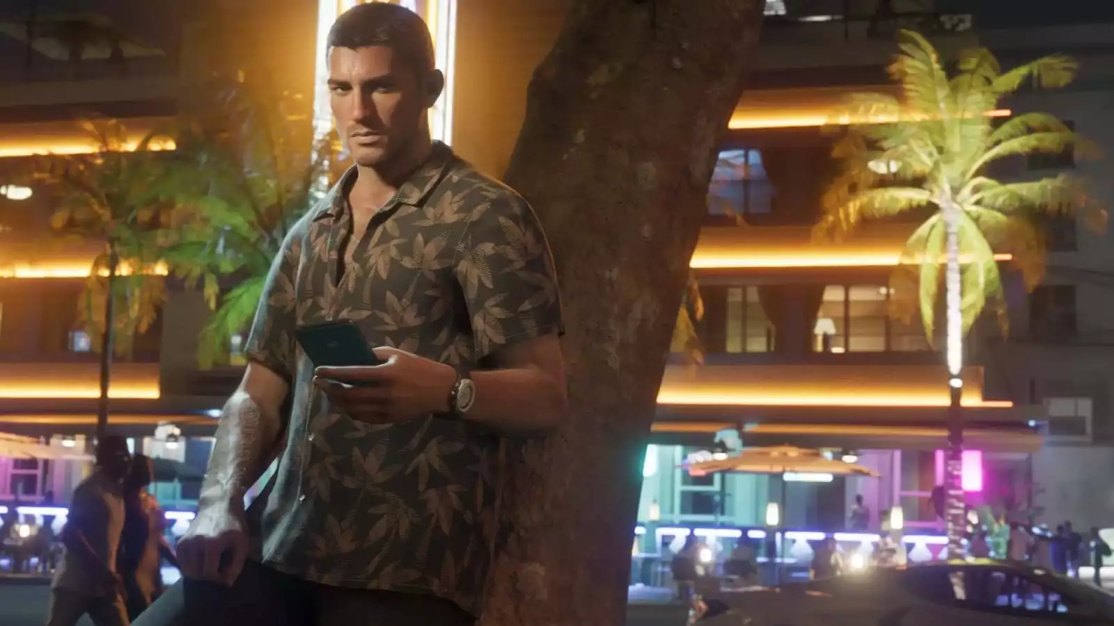 Jason, protagonista de GTA 6 tomando su celular en una ilustración