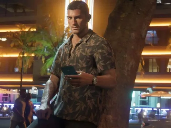 Jason, protagonista de GTA 6 tomando su celular en una ilustración
