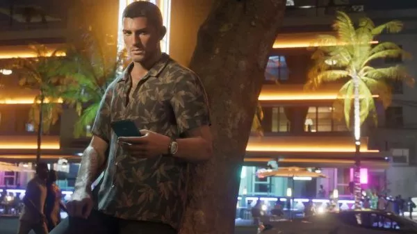 Jason, protagonista de GTA 6 tomando su celular en una ilustración