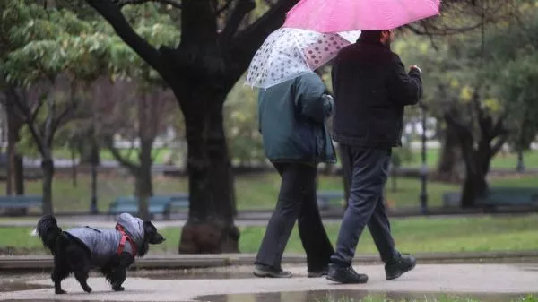 Personas bajo la lluvia con su perrito