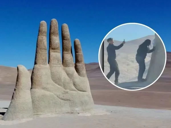 VIDEO: Captan a tres personas rayando la Mano del Desierto en Antofagasta