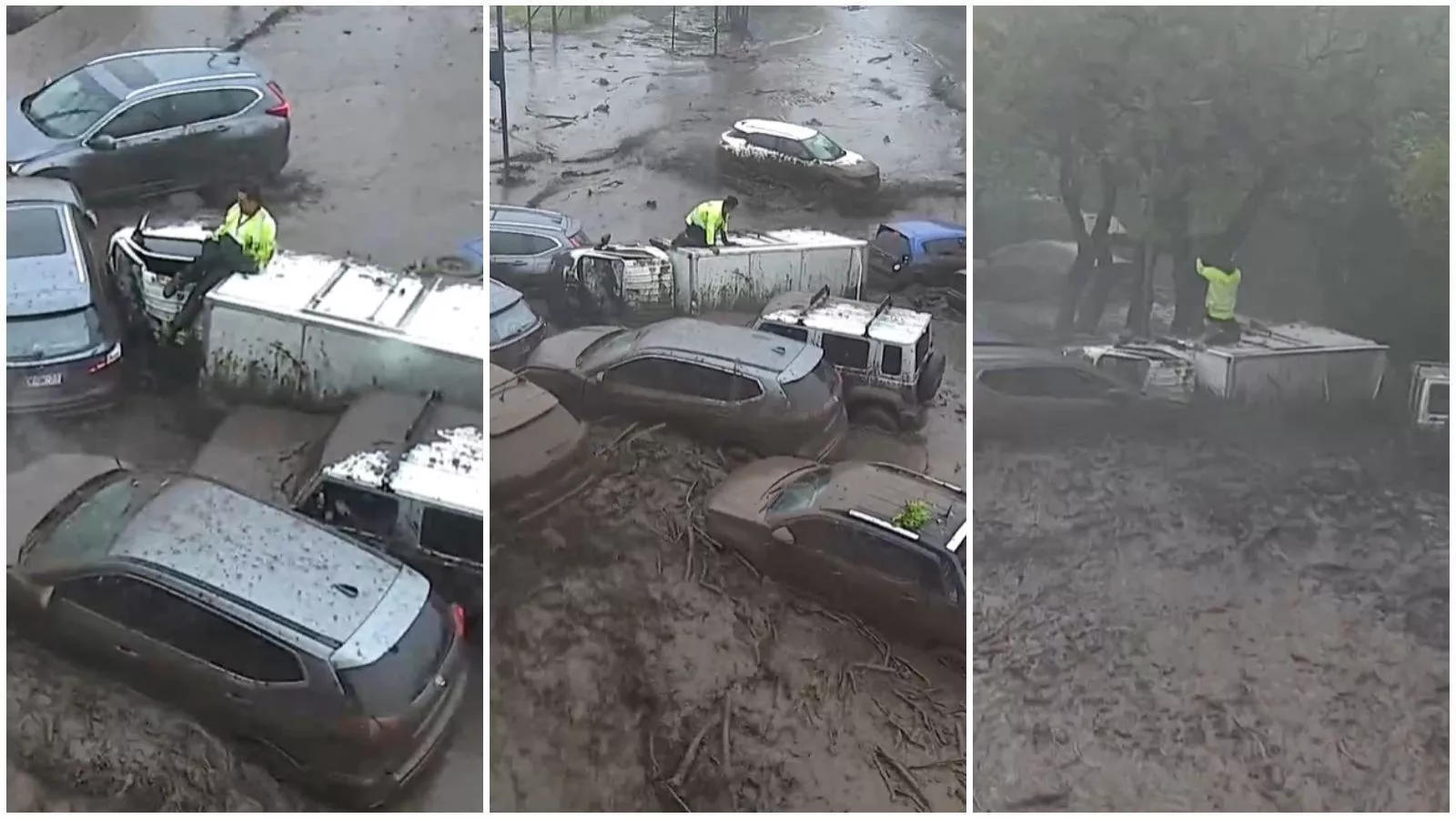 Hombre escapa por ventana de camión segundos antes de ser arrastrado por aluvión